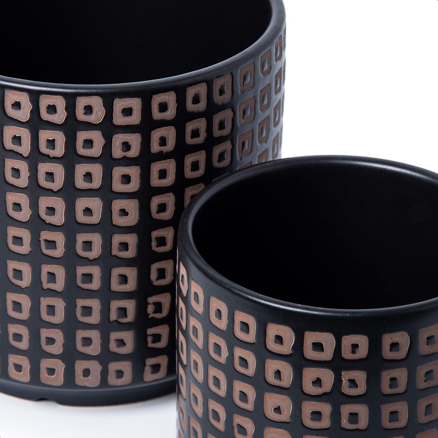 D'vine Dev Set of 2 Ceramic Planter Pots with Drainage Hole and Saucer, 4.5 Inch 6 Inch Plant Pots for Plants Indoor Houseplants, Black, 99-A-2