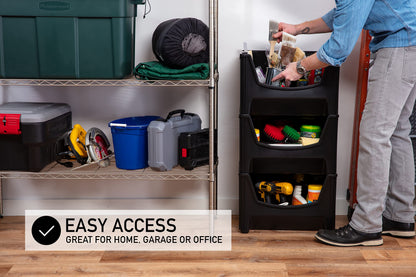 Mighty Tuff Jumbo Stackable Storage Bins, Pack of 3, Easy-Access Storage, Large Easy-to-Grip Handles, Wide Front Opening, Interlocking, Stack Vertically, Black