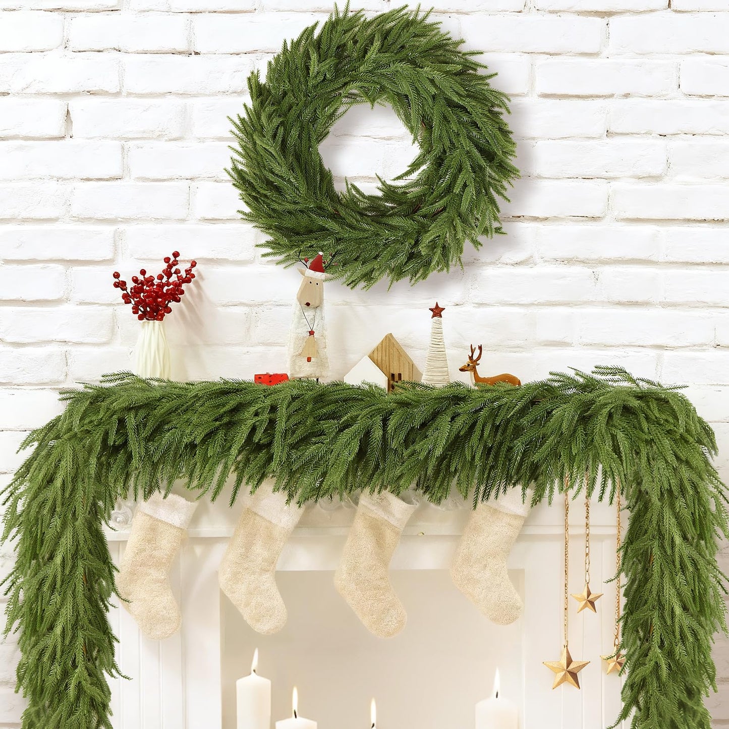 9FT Artificial Norfolk Pine Garlands - Real Touch Winter Pine Garland, Green Artificial Greenery Garland for Mantle, Table, Wall, Indoor & Outdoor Fireplace Christmas Decorations