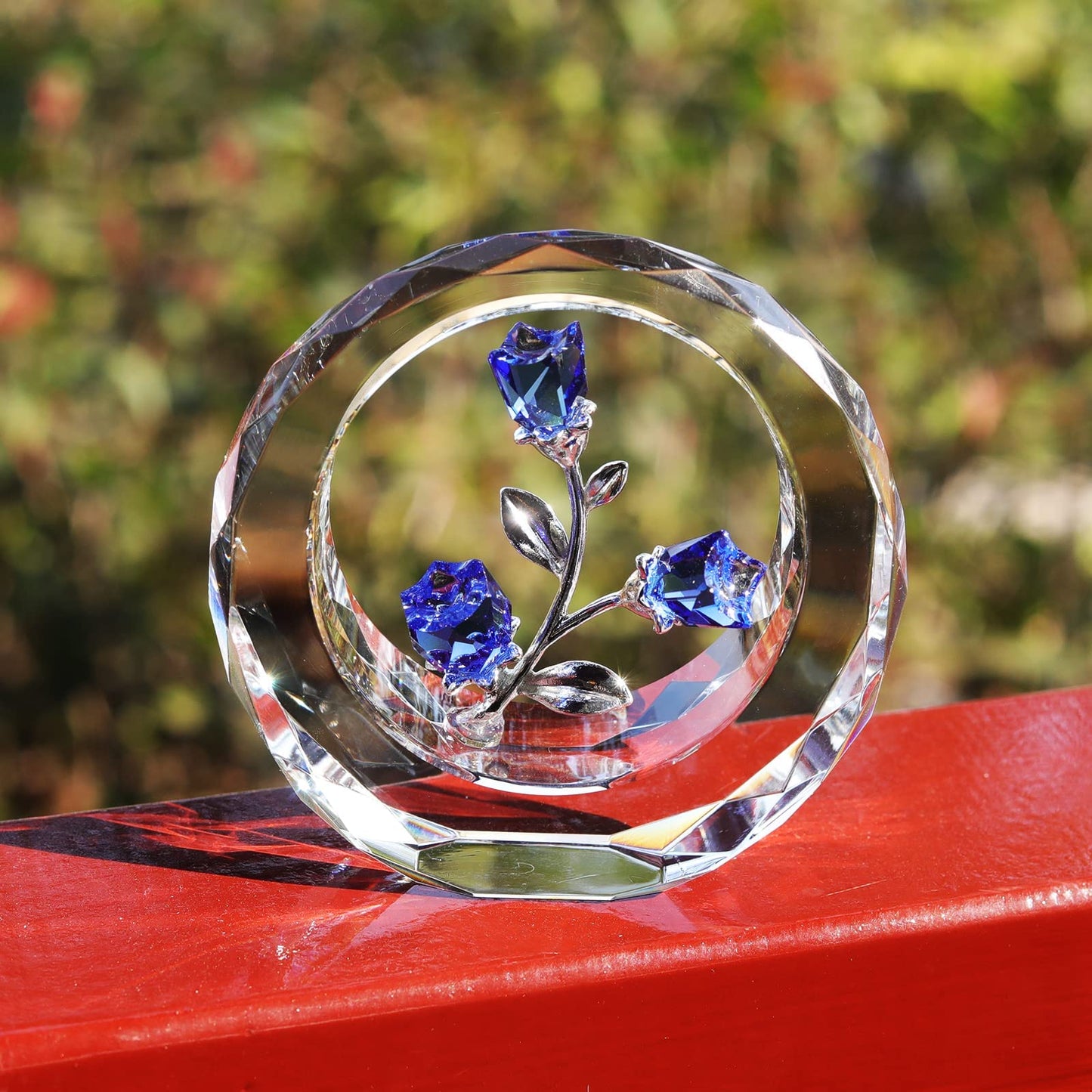 LONGWIN Crystal Tulips Flower Figurines with a Outer Circular Ring, Glass Spring Bouquet Collectible Figurines Home Decor Cobalt Blue