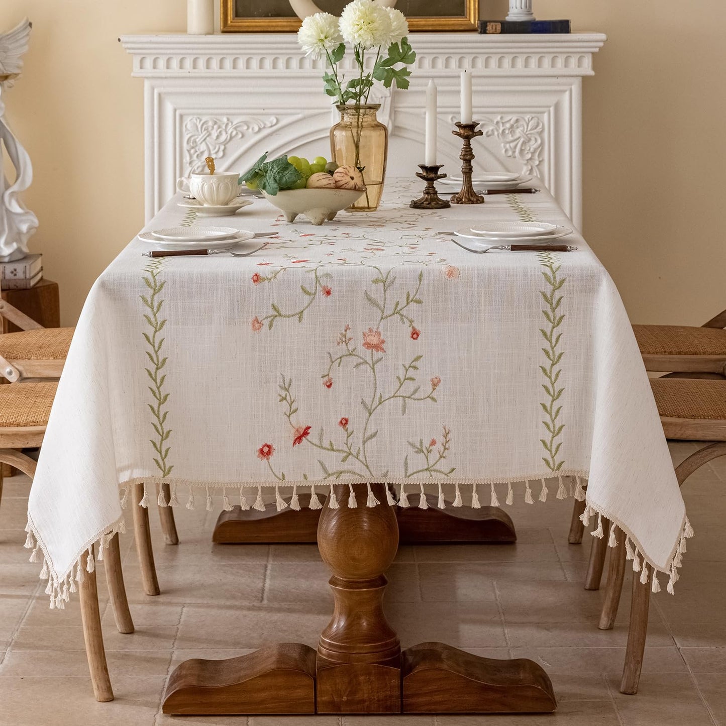 Joyfol Day Linen Spring Flowers Tablecloth with Tassels, Rustic Farmhouse Embroidery Waterproof Table Cloths for Rectangle Tables, Heavy Weight Spill-Proof Table Covers, Pink Florals, 55''x 86''