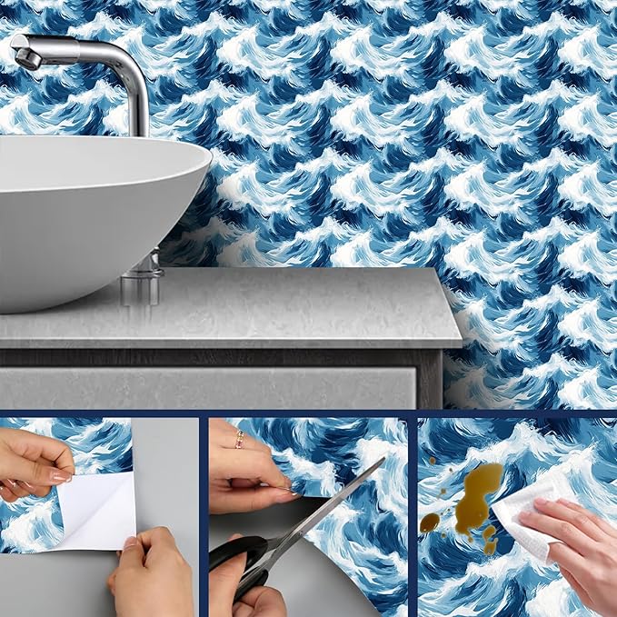 HOMETITUTE Blue Wave Pattern Wallpaper Peel and Stick Self Adhesive Vinyl Wall