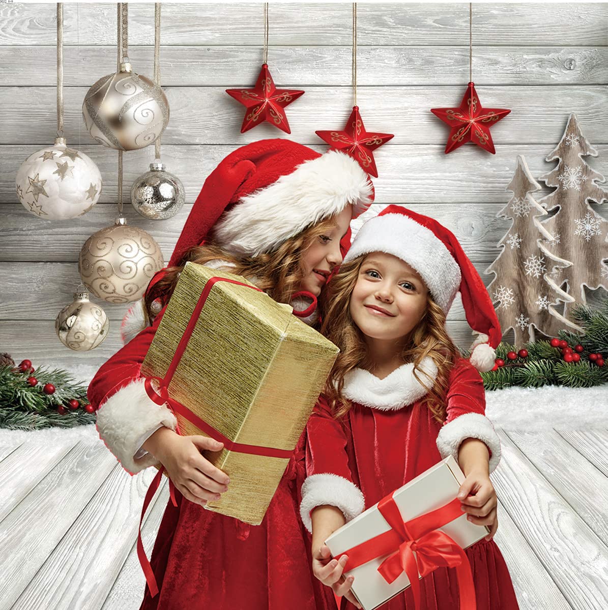 Dudaacvt 6X8ft Christmas Backdrop White Wood Floor with Snowflake Backdrop Christmas Tree Gifts Background for Family Gathering