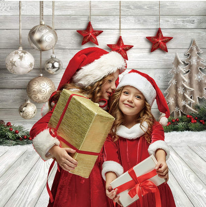 Dudaacvt 8X8ft Christmas Backdrop White Wood Floor with Snowflake Backdrop Christmas Tree Gifts Background for Family Gathering