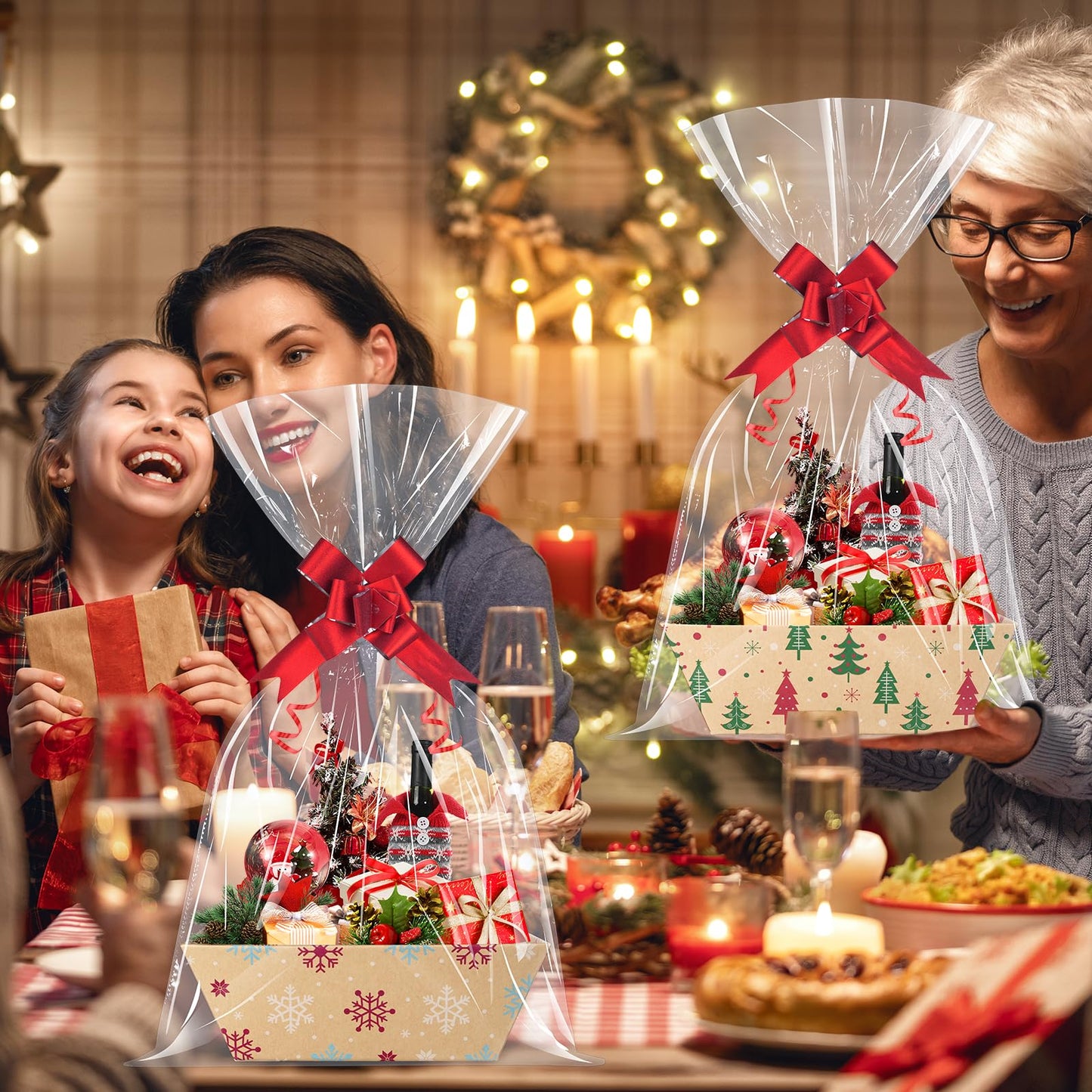 Pascliyna 12 Set Christmas Gift Baskets Empty 10x7 Inch, Kraft Paper Christmas Gifts Baskets with Cellophane Bags and Red Pull Bows, Reusable Gift Wrapping for Xmas Holiday Winter Party Supplies