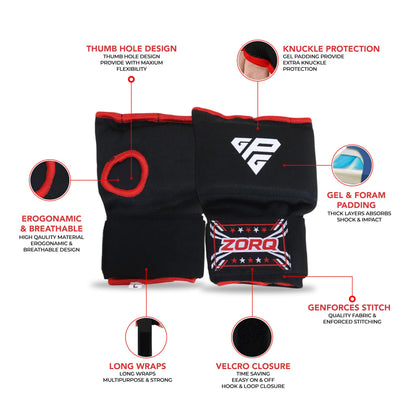 ZORQ Gel Boxing Hand Wraps Inner Gloves - Quick Padded Knuckle Protection Under Mitts for Men & Women - Semi-Elastic Wrist Support for MMA, Muay Thai, Kickboxing & Martial Arts (Red, Large)