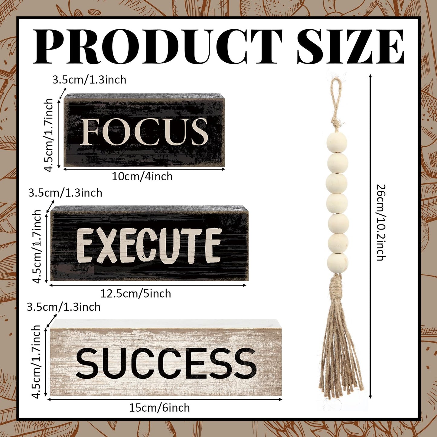 Yuntau 4 Pcs Motivational Desk Decor Wooden Office Decor Inspirational Tiered Tray Decoration Rustic Retro Wood Bead Garland Focus Execute Success Block Sign Farmhouse Centerpiece for Home Shelf