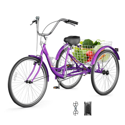 MarKnig Adult Tricycle, 26 Inch 3 Wheel Bikes with Large Basket, Cruiser Bike for Women/Men/Seniors, Adult Trike for Outdoor/Shopping/Recreation/Picnic (Purple)