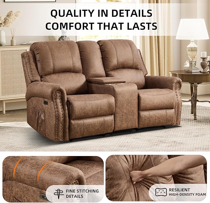 EBELLO Power Reclining Loveseat, Faux Leather Double Recliner Sofa