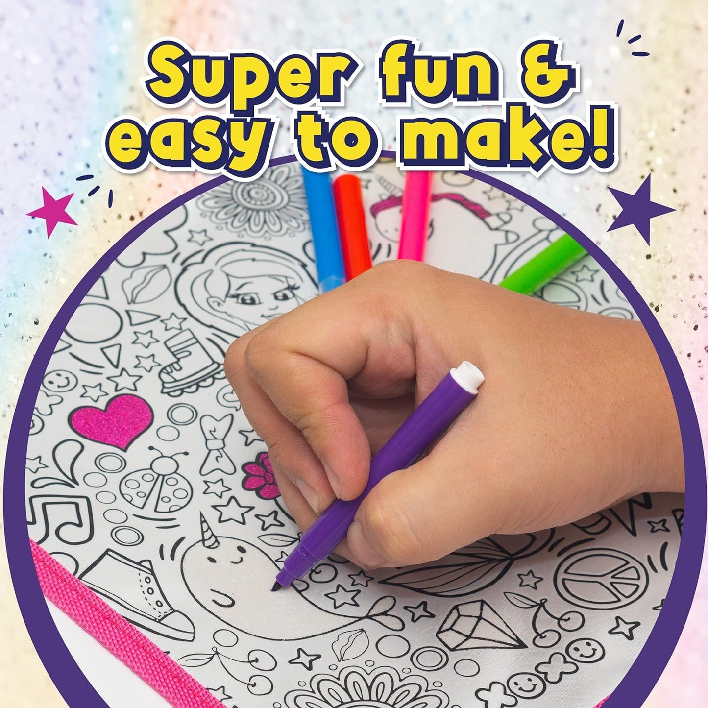 PURPLE LADYBUG Colour Your Own Messenger Bag Kit - Creative Craft Gift with 6 Vibrant Markers for Girls Aged 6-12, Perfect for Birthdays and Year-Round Fun in Arts and Crafts, Great Gift Idea