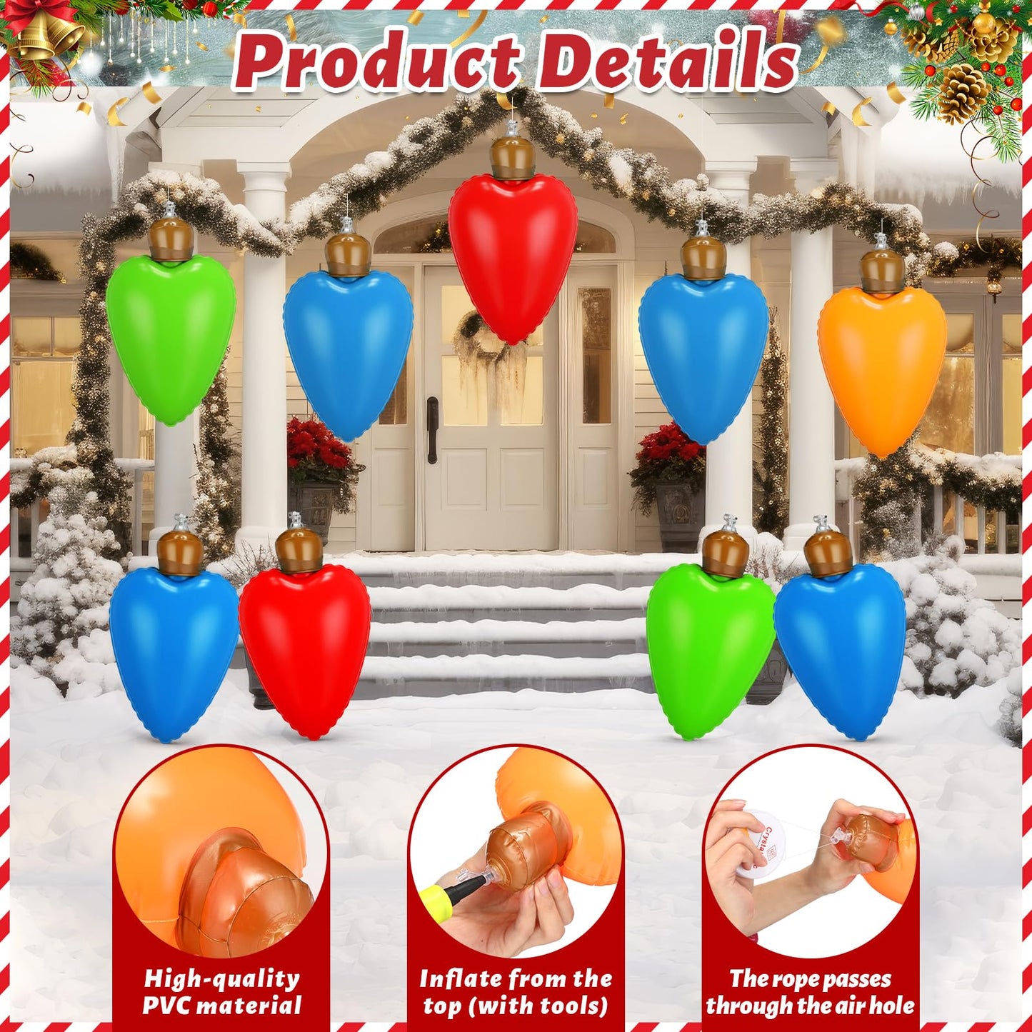 Vertintong 12 Pcs 10 Inch Inflatable Christmas Light Bulbs Ornaments Inflatable Christmas Ball Decorations Xmas Large Blow up Light Bulb Outdoor Indoor for Yard Lawn Tree Hanging Porch Garden Home