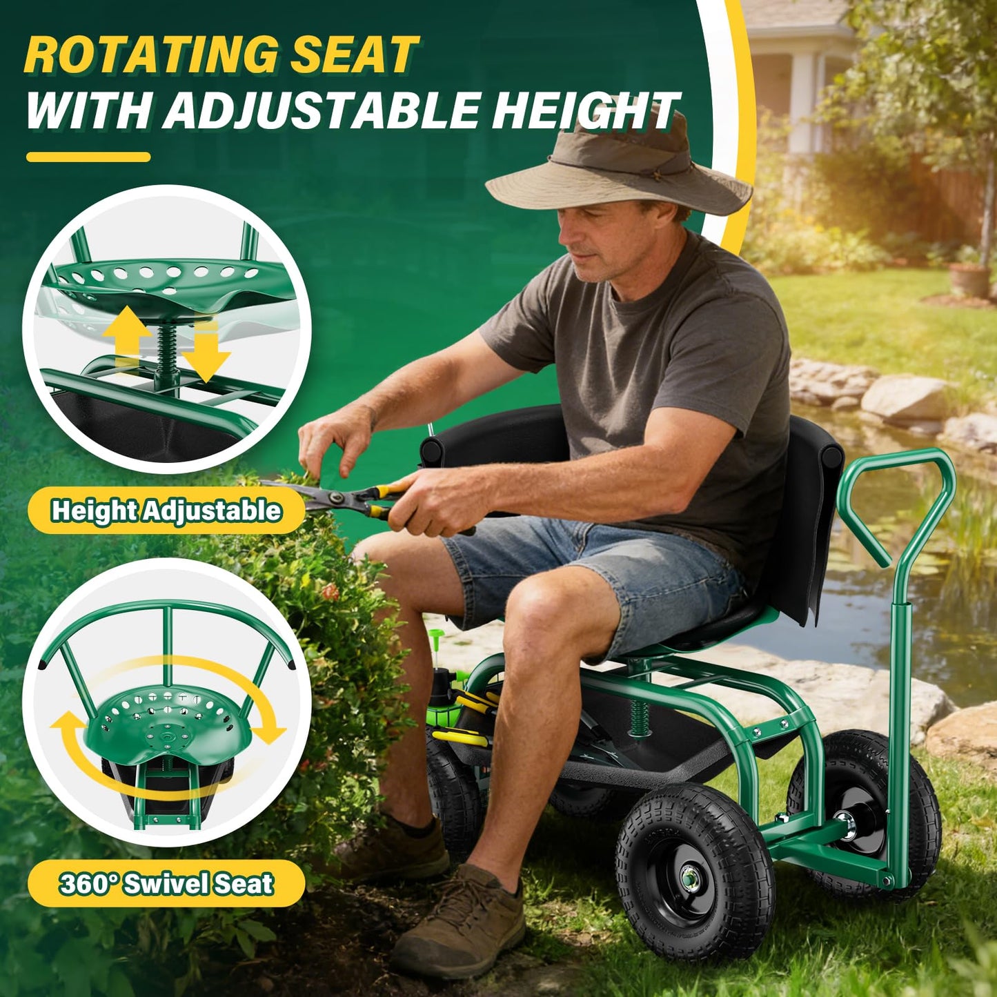 Baotree Garden Seat with Wheels, Rolling Garden Stool with Adjustable 360°Swivel Seat, Storage Basket & Extendable Handle, Outdoor Gardening Scooter, Garden Cart Workseat Stools for Seniors