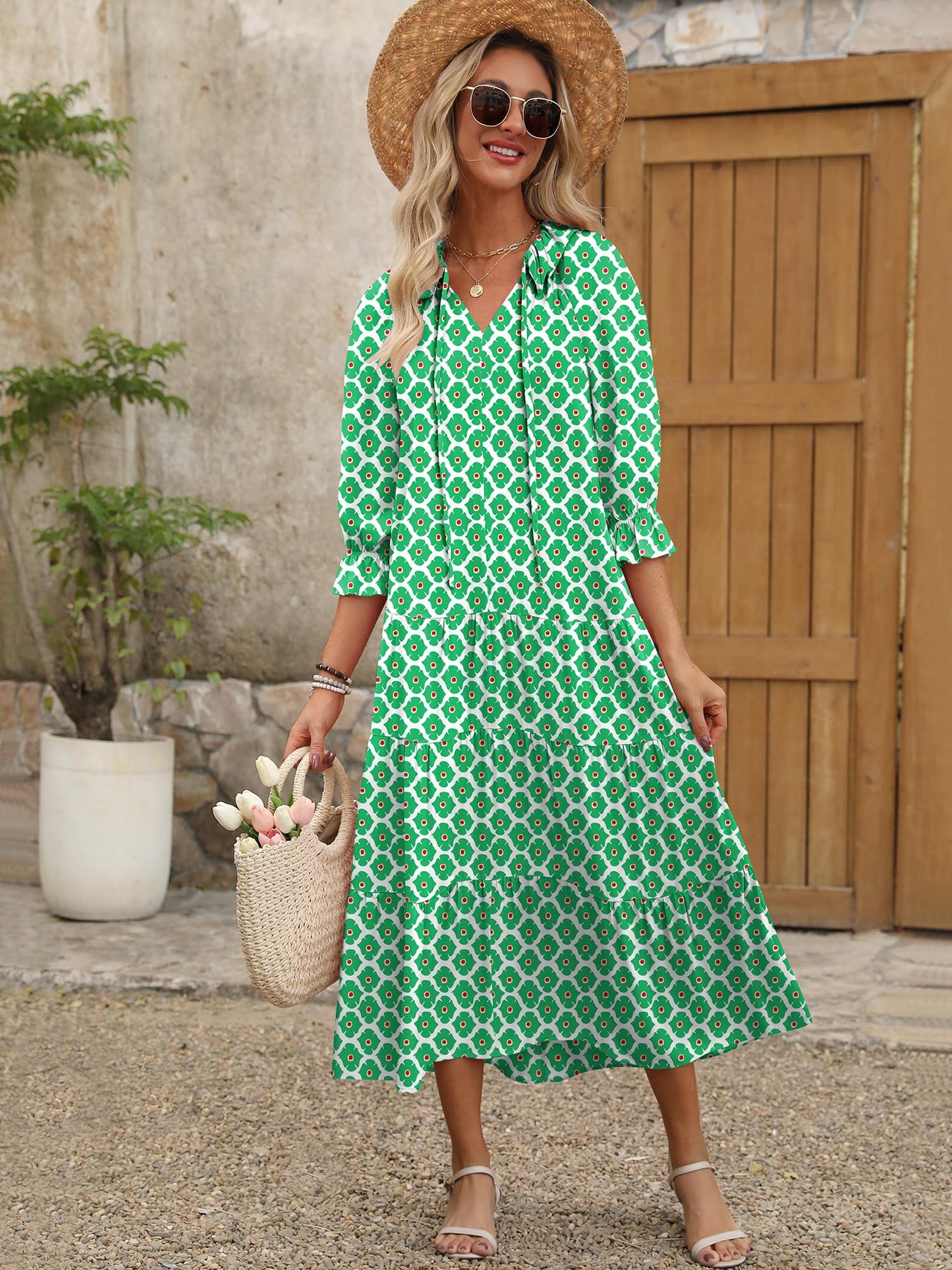 ANRABESS Women's Boho Maxi Dresses 2025 Summer Casual V Neck Puff Sleeve Floral Tiered Flowy Swing Beach Vacation Long Dress