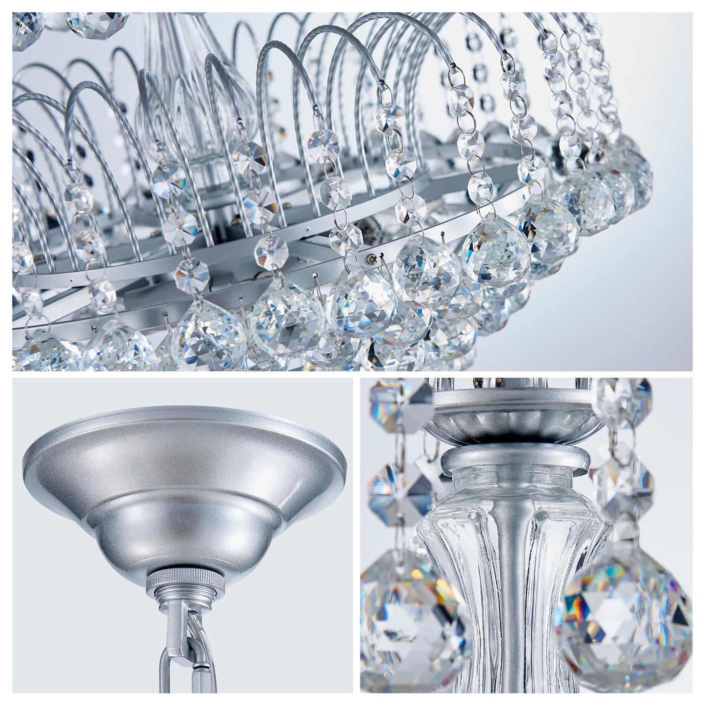 WUZUPS Crystal Chandelier Pendant Flushmount Ceiling Light Modern Lighting Fixture for Bedroom Hallway Bar Kitchen Bathroom, H 17.3" x W 18.9", Silver, E12 Base
