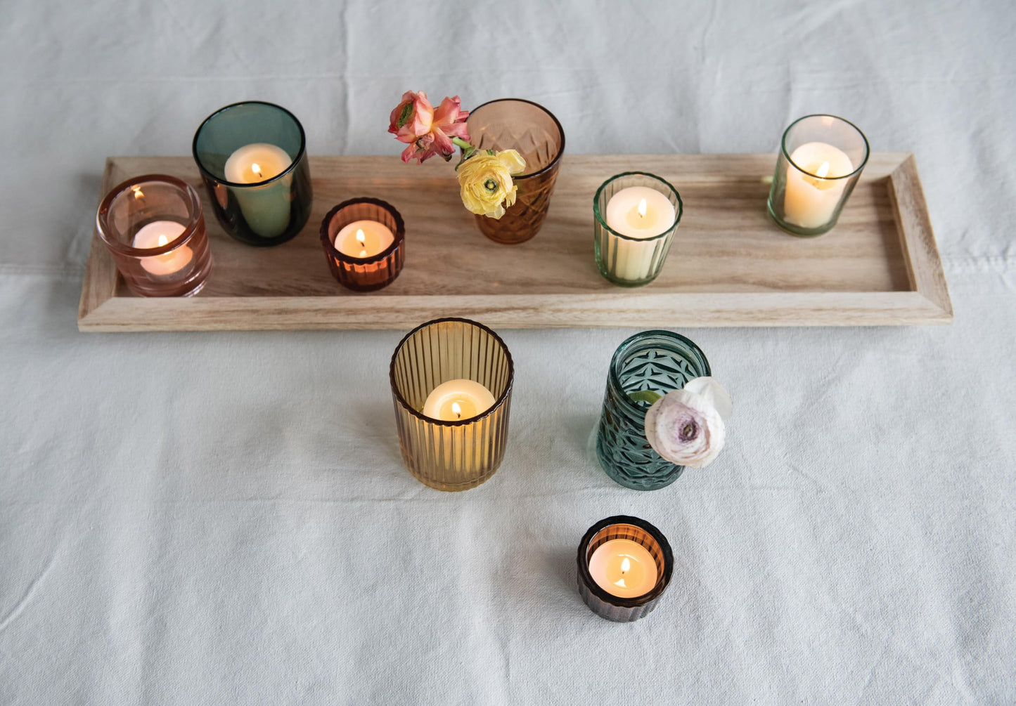 Creative Co-Op Round Glass Votive Holders on Wood Tray, Multicolor, Set of 9