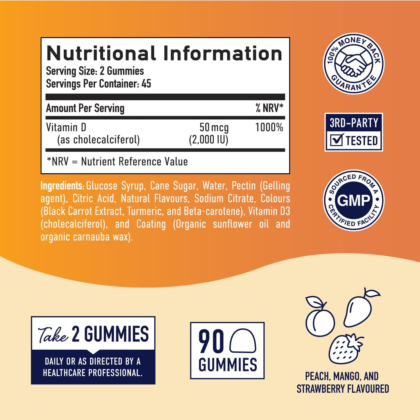 Vitamin D3 Gummies for Adults | 2000 IU (50mcg) Per Serving | Bone Health, Immunity, & Mood Support* | 1000 IU Per Gummy | Vegetarian, Gluten-Free, Third-Party Tested | 90 Gummies (45-Day Supply)