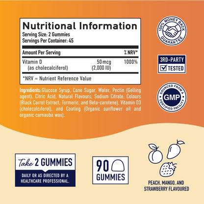 Vitamin D3 Gummies for Adults | 2000 IU (50mcg) Per Serving | Bone Health, Immunity, & Mood Support* | 1000 IU Per Gummy | Vegetarian, Gluten-Free, Third-Party Tested | 90 Gummies (45-Day Supply)