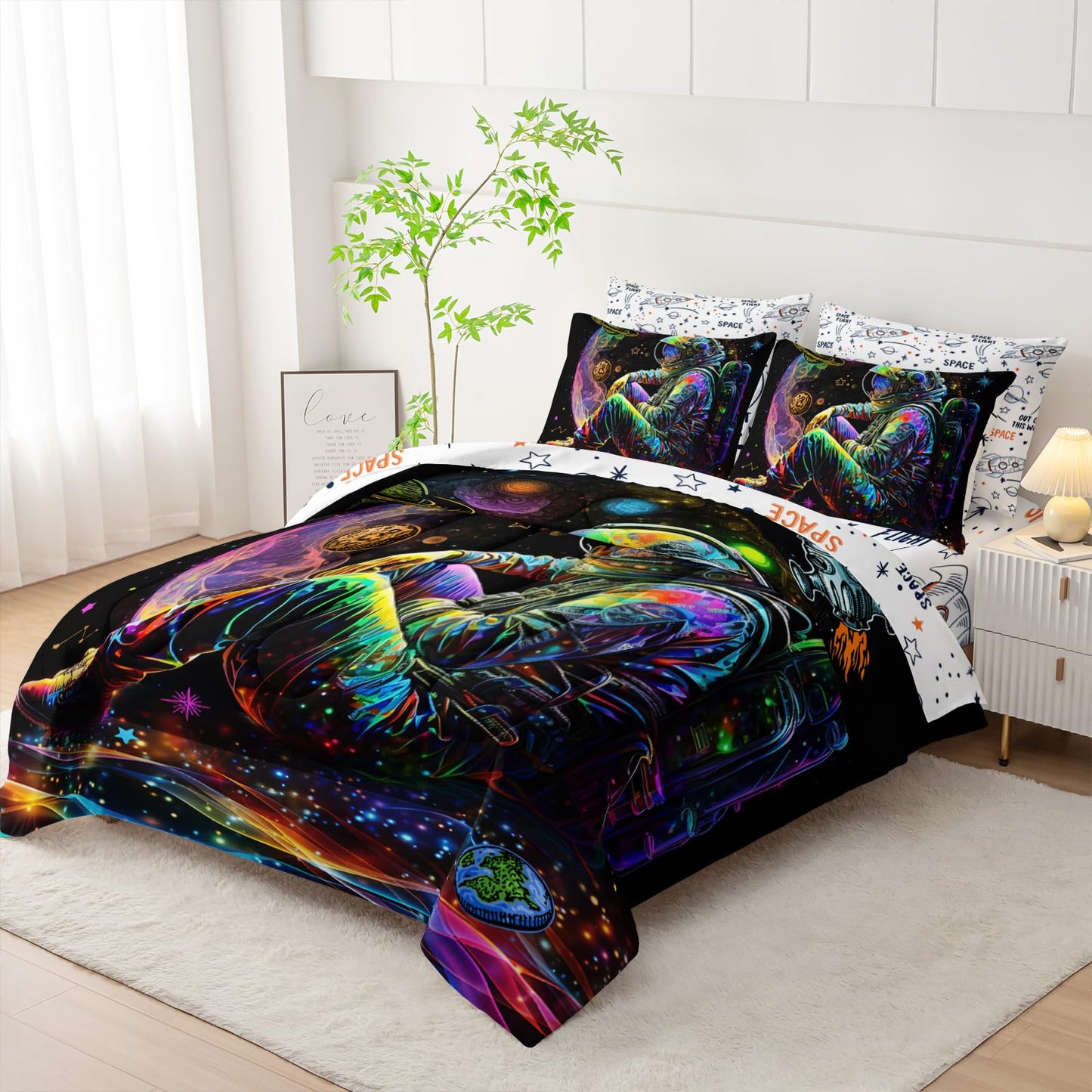 AILONEN Space Astronaut Comforter Set Twin Size,7-Piece Soft Bed in a Bag,Glowing Rocket Planet Spacemen Print Comforter & Fitted Sheet & Flat Sheet & 2 Pillowcases,2 Pillow Shams