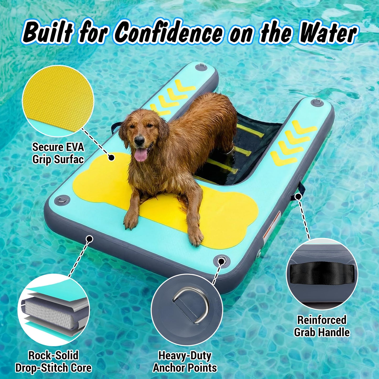 Dog Ramp for Pool & Lake, Inflatable Water Platform 60'' x 40'' Floating Dock for Pets Up to 240 lbs, Non-Slip EVA Surface with Ladder, Boat & Dock Access for Swimming and Outdoor Use