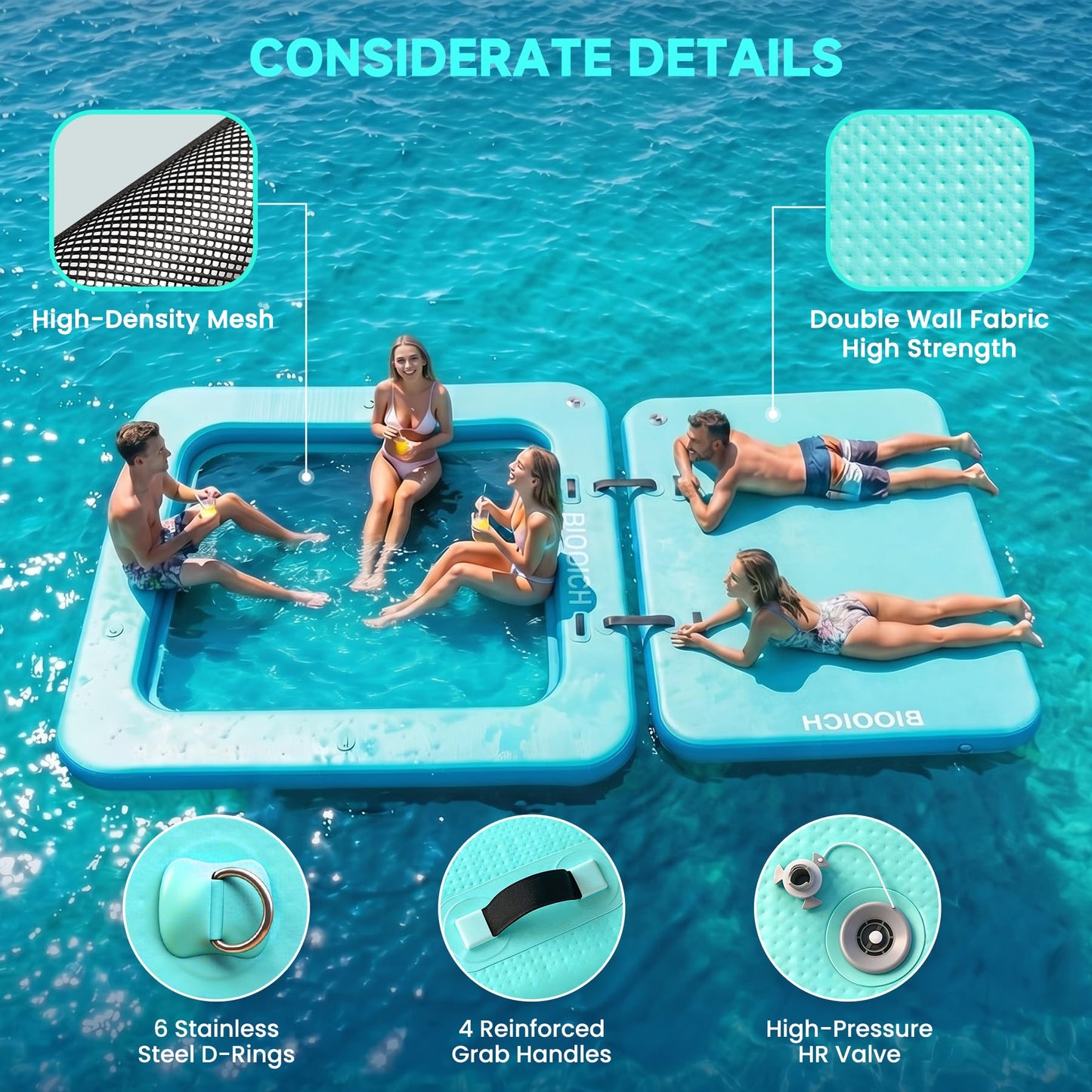 BIOOICH 2 in 1 Inflatable Floating Dock, 8.2FTx7.2FT Floating Mat with Mesh Swim Area & Portable Pool Island Platform with Air Pump, Repair Kit, Storage Bag & Linking Ropes for Swimming, Lake, Beach
