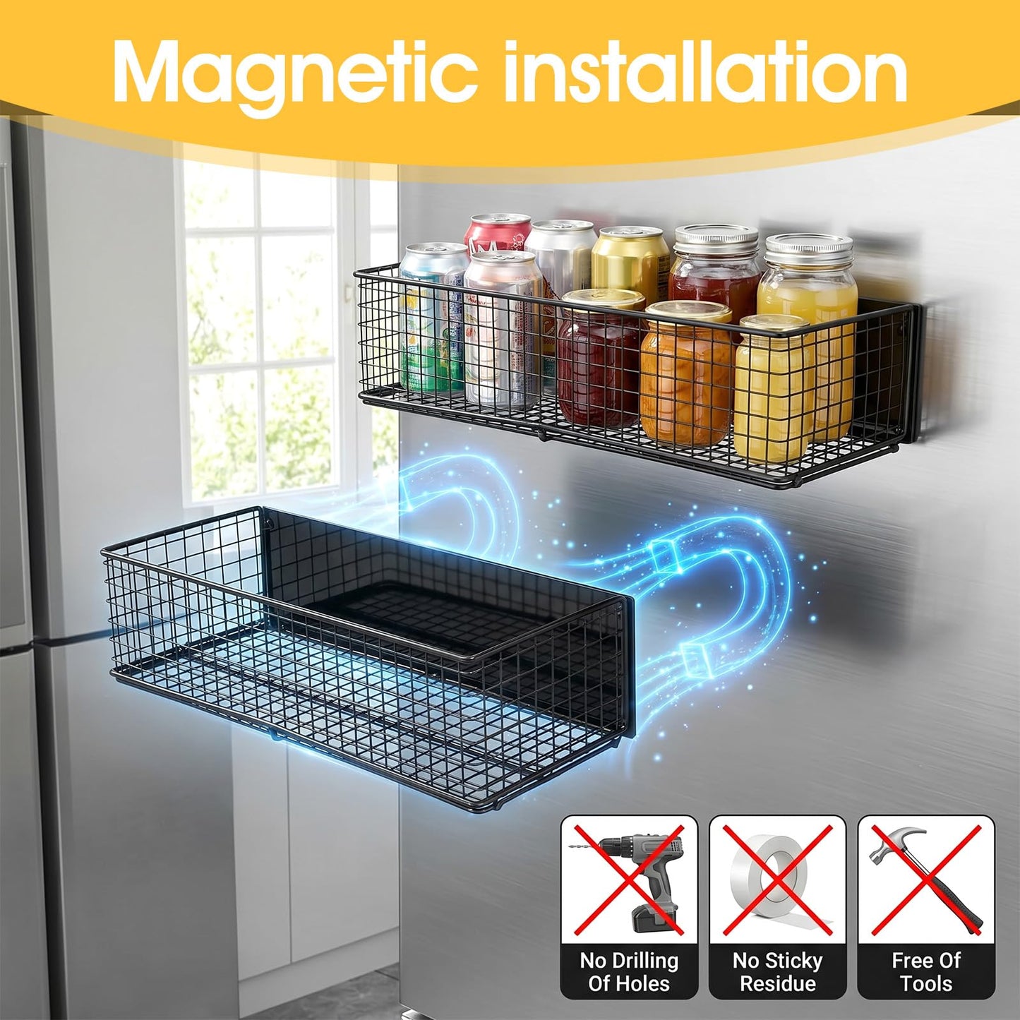 kuyeyzu 2 Pack Magnetic Basket Organizer Holder for Fridge Magnetic Shelf Spice Rack for Whiteboard, Garage, Kitchen, Workshop Black