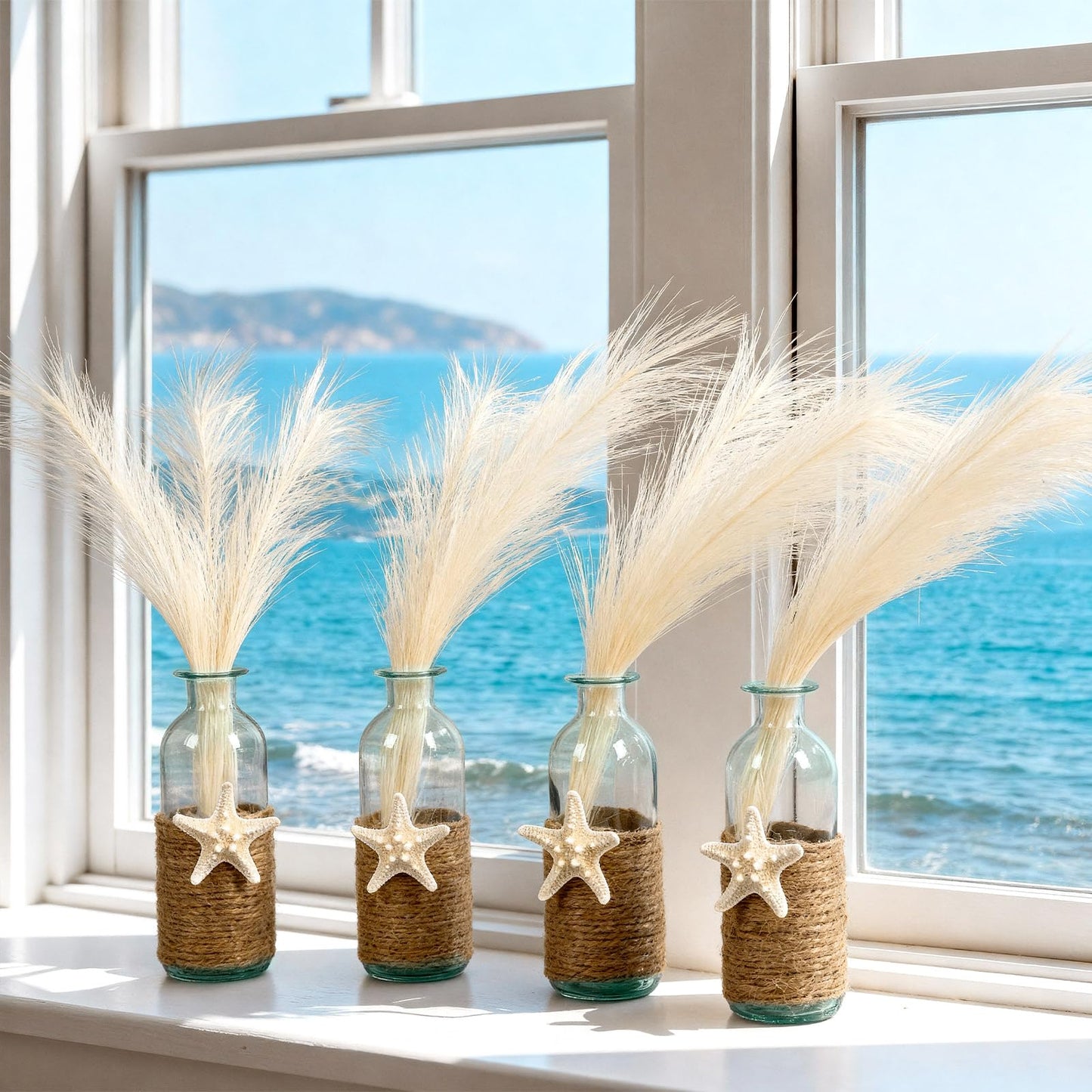 Vicenpal Set of 4 Blue Bud Glass Vase Coastal Starfish Small Flower Vase with Artificial Reeds Boho Rope Beach Decorative Table Centerpiece for Coastal Nautical Wedding Floral Room Decor