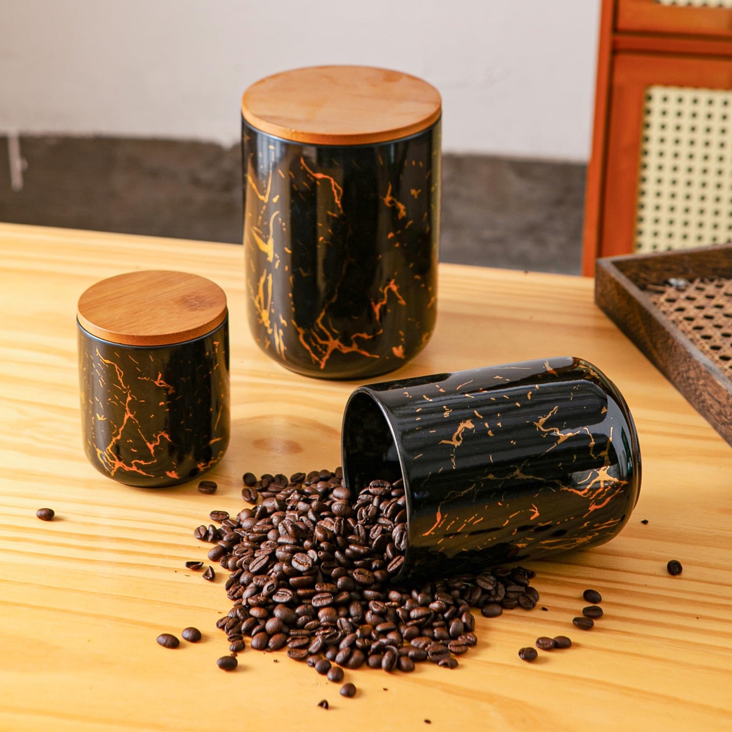 Tenforie Ceramic Canister Set with Bamboo Airtight Lids, 3-Piece Kitchen Storage Jars (48oz, 30oz, 12oz) – Black with Gold Marble Pattern, Glossy Finish, for Coffee, Sugar, Flour & More