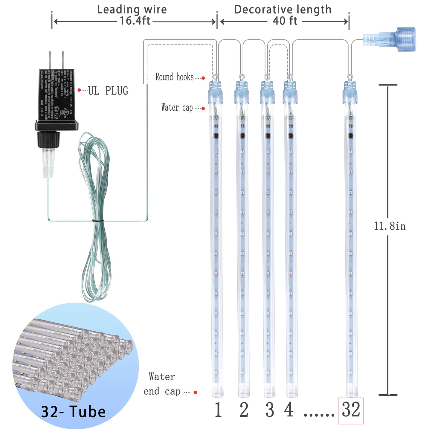 Christmas Lights Outdoors, 32 Tubes(Equivalent to 4 Sets of 8-Tubes) Meteor Shower Rain Lights - Blue lcicle Christmas Light Outdoor for Xmas Tree Wedding Party Holiday House Yard Decor, UL Plug