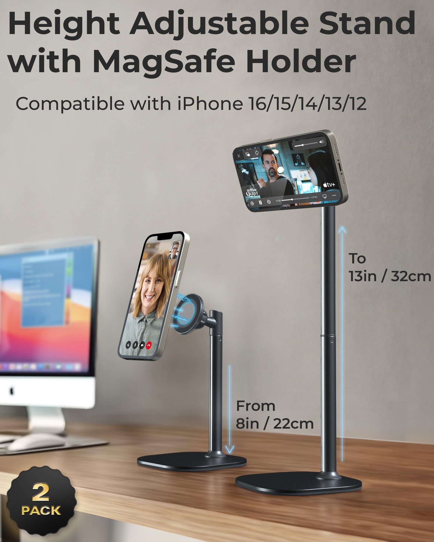 COOPER MagStand - iPhone Stand for Desk & Video Recording, Compatible with MagSafe, Stand for iPhone 16 Pro Max Plus, 15/14/13/12 (x2 Pack - Night Black)