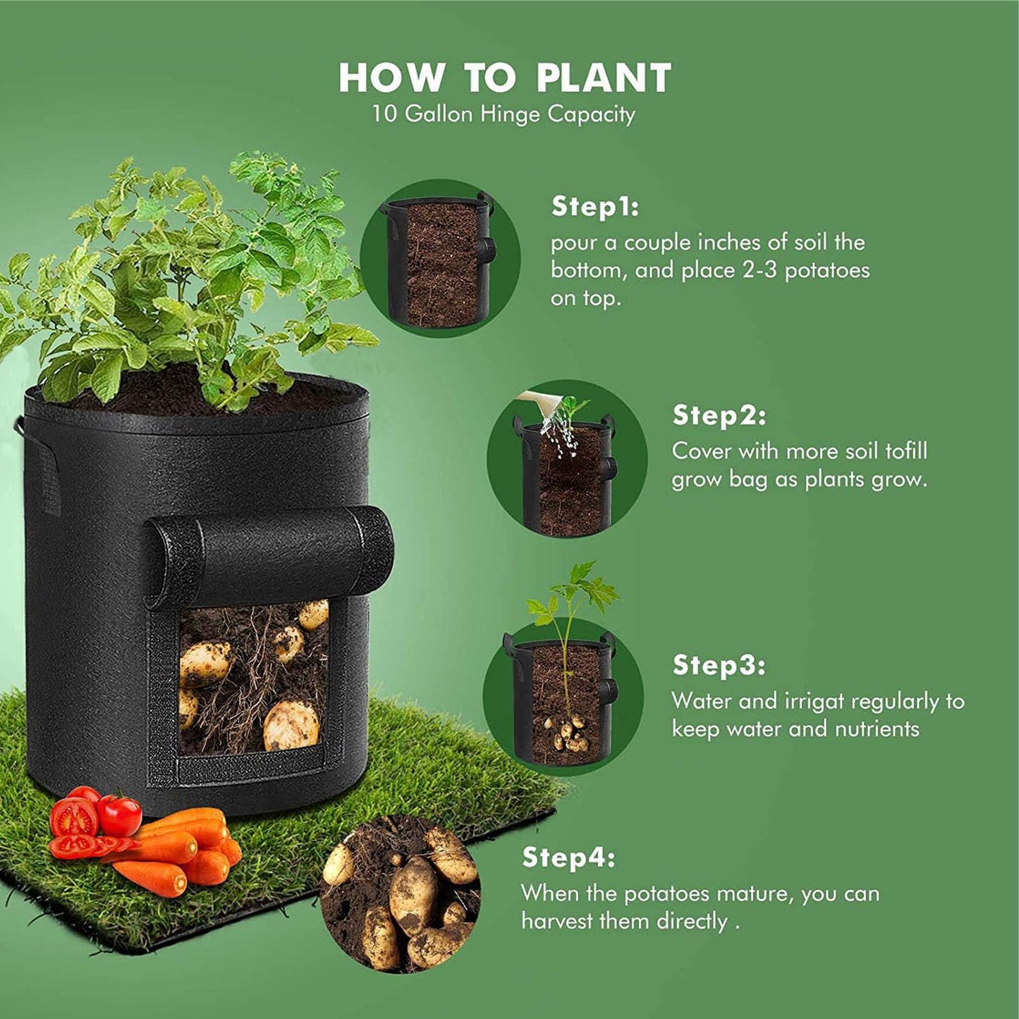xingjieyun 3 Pack of 5-Gallon Potato Planting Bags with Harvest Viewing Window, Thickened Breathable Non-Woven Planters with Handles - Ideal Fabric Planting Containers for Plant Potatoes (Black)
