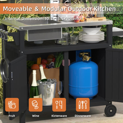 TORVA Multi-Functional Outdoor Grill Cart with Sink,Cabinet and Cover, 42 inch Freestanding Modular Kitchen Sink Station in 304 Stainless Steel&HDPE, All Weather Use BBQ Table, Black