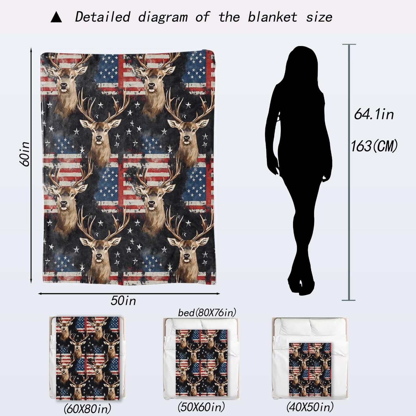 ainori Patriotic Deer Blanket - American Flag Stars and Stripes Fleece Throw,Gifts for Kids Adult, Soft & Warm,Lightweight, for Modern Rustic Decor, Wildlife Lovers, and Room Home Accents 50x60in