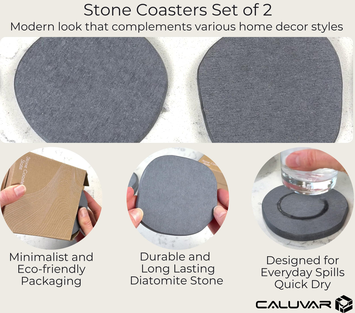 Stone Coasters Slate Set of 2, Stone Drying Mat for Kitchen Counter, Absorbent Diatomaceous Earth Coasters for Drinks, Diatomite Small Plant Coaster, Housewarming Gift, Coffee Table Decor
