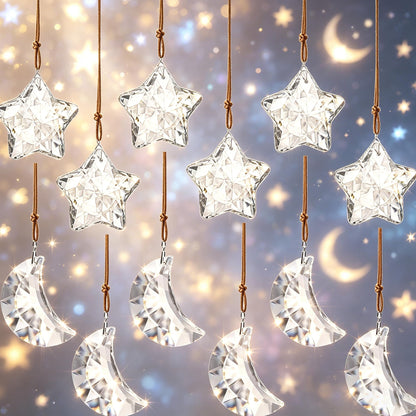 LOULIQIGIFT 12pcs Glass Star and Moon Ornaments Clear Hanging Crystal Prisms Ornaments for Chandelier Parts Home Office Window Decor for Mother's Day Birthday Party
