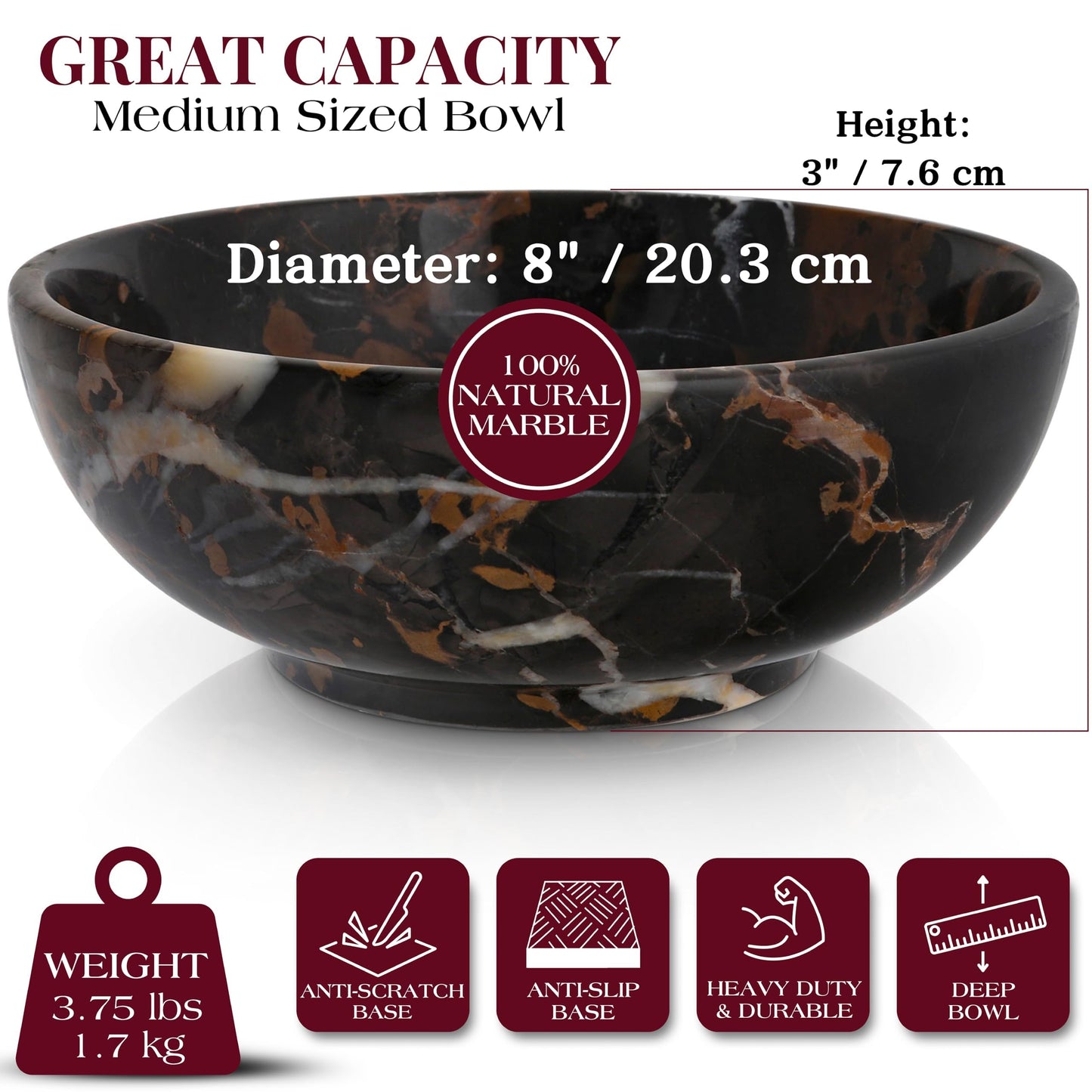 Gusto Nostro 8" Luxury Black Marble Decorative Bowl for Coffee Table - Elegant Decorative Fruit Bowl for Kitchen Counter - Heavy Stone Entryway Catch All for Keys, Potpourri Holder Centerpiece, Medium