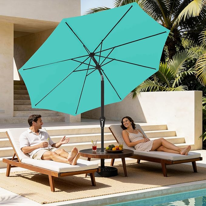 MEWAY 9ft Patio Umbrella Outdoor Table Umbrellas with Push Button Tilt and Crank, Market Umbrella 8 Sturdy Ribs for Deck, Garden, Pool and Backyard, Turquoise