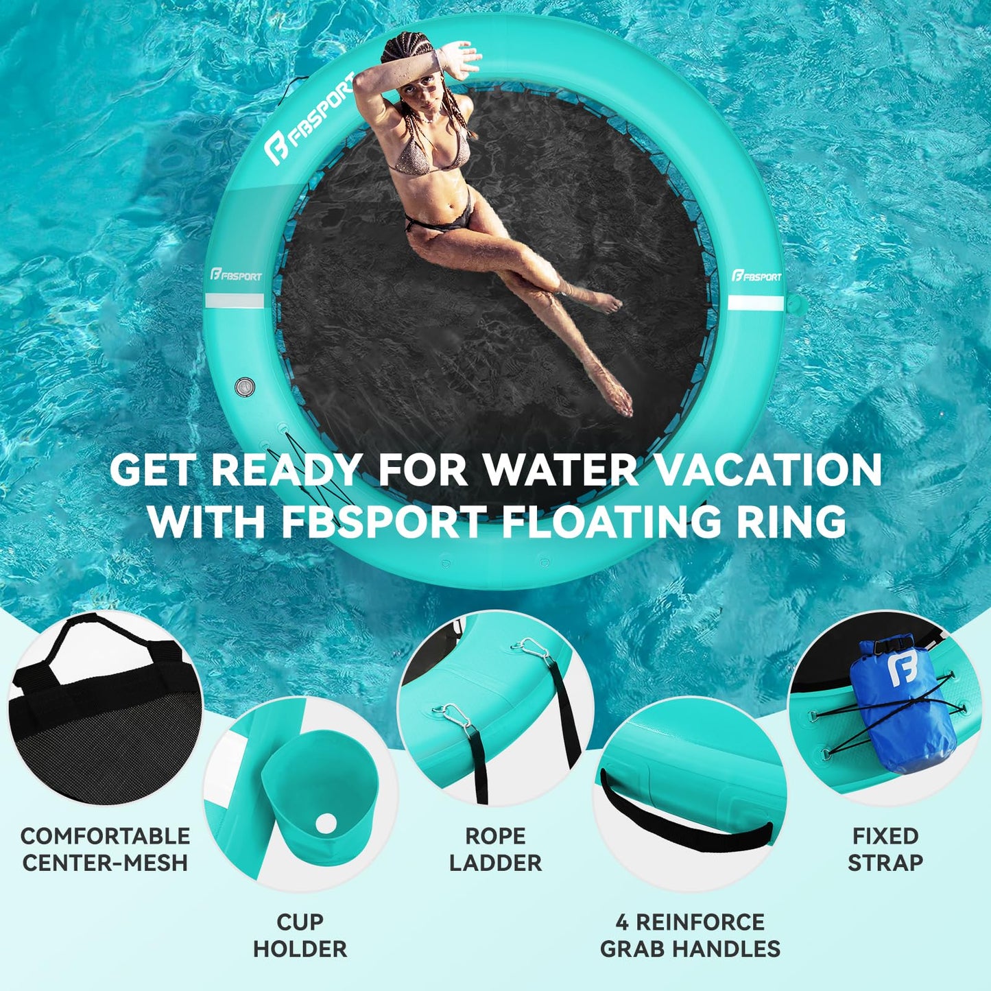 FBSPORT Inflatable Water Hammock Round Floating Ring, 8ft Inflatable Dock Floating Platform for Lake W/Cupholder, Sun Float Chill Raft Float Ring Tanning Pool Lounger Island Platform Pad