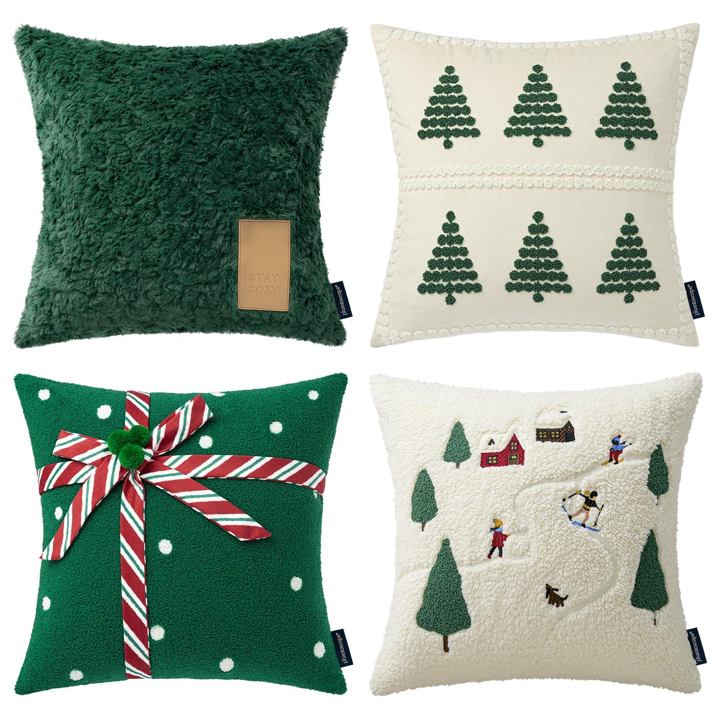 Phantoscope Pack of 4 Merry Christmas Throw Pillow Covers, Soft Faux Fur Sherpa Christmas Pillow Covers, Velvet Santa Tree Decorative Pillow Case Cushion Cover, Green and White, 18 x 18 inch
