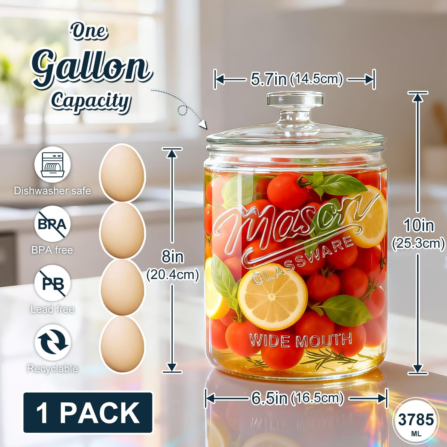 Dwbligt 1 Gallon Glass Cookie Jar with Lid Airtight, Large Wide Mouth Sourdough Starter Jar for Baked Goods - Glass Storage Container for Pantry Organizer, Laundry Room, Flour, Dog Treats, Meal Prep