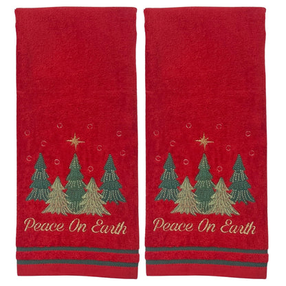 Serafina Home Christmas Hand Towels for Bathroom – Set of 2 Red 100% Cotton Embroidered Christmas Trees & “Peace On Earth” Phrase Design – 25 x 16” Decorative Holiday Bath & Kitchen Towels