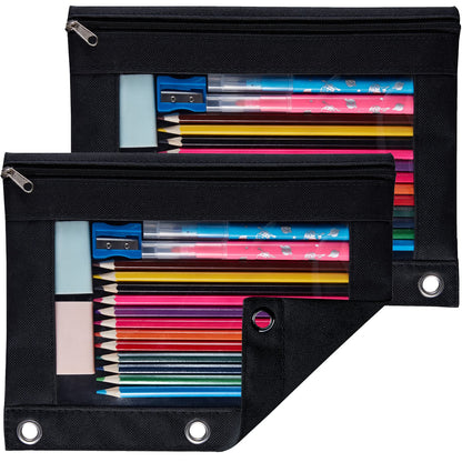 Sooez Pencil Pouch for 3 Ring Binder, 2 Pack Binder Pencil Pouch with Clear Window Pencil Bags with Zipper & Reinforced Grommets, Pencil Case for Binder Black & Black