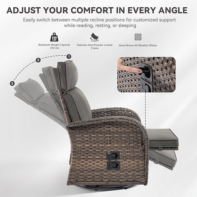 Zero Gravity Patio Swivel Rocking Recliner Chair - Wicker Outdoor Lounge Chair with Adjustable Backrest & Footrest, All Weather Reclining Rocker Chairs with Thick Cushion for Pool Deck Gray