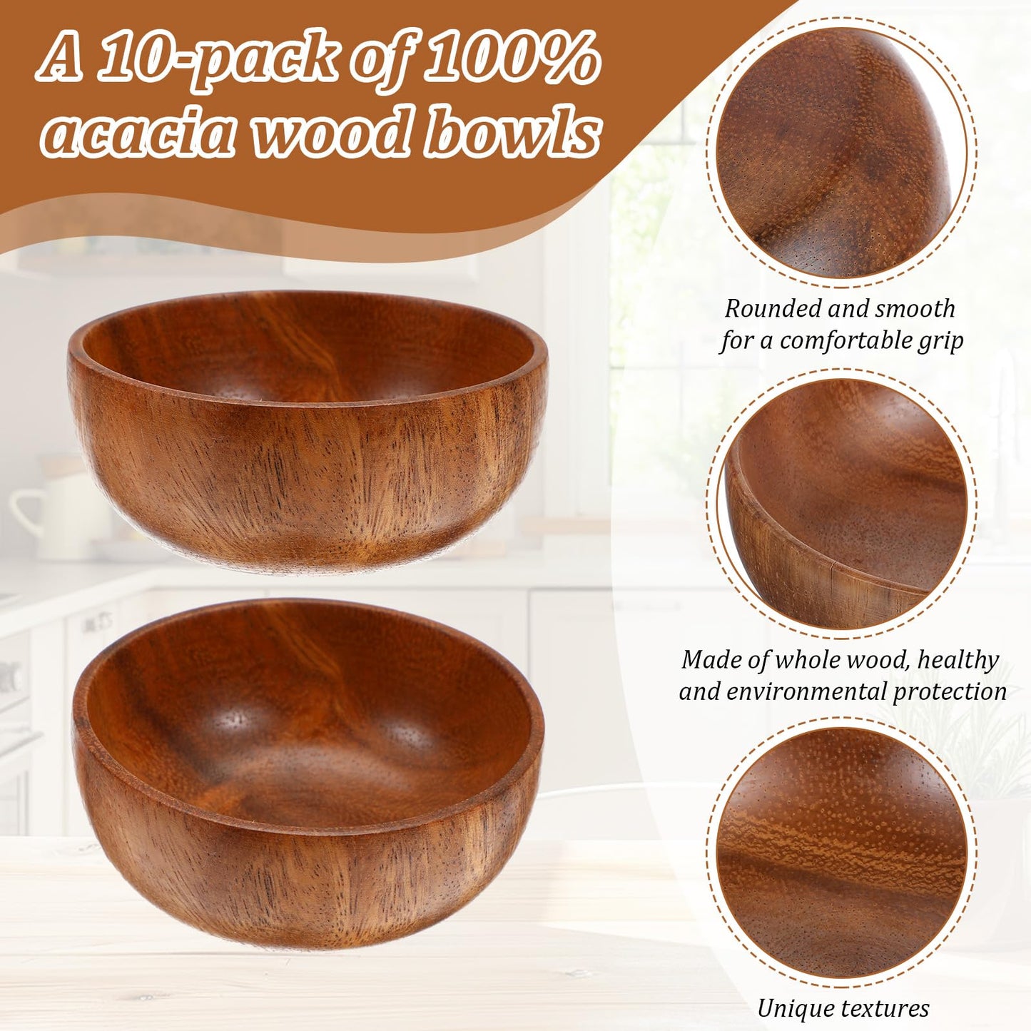 JIEYAO 10-Piece 3" Acacia Wood Bowl Set, Rustic Style, Small Wooden Salad Bowls, Hand Carved, Jointless, No Oiling Required