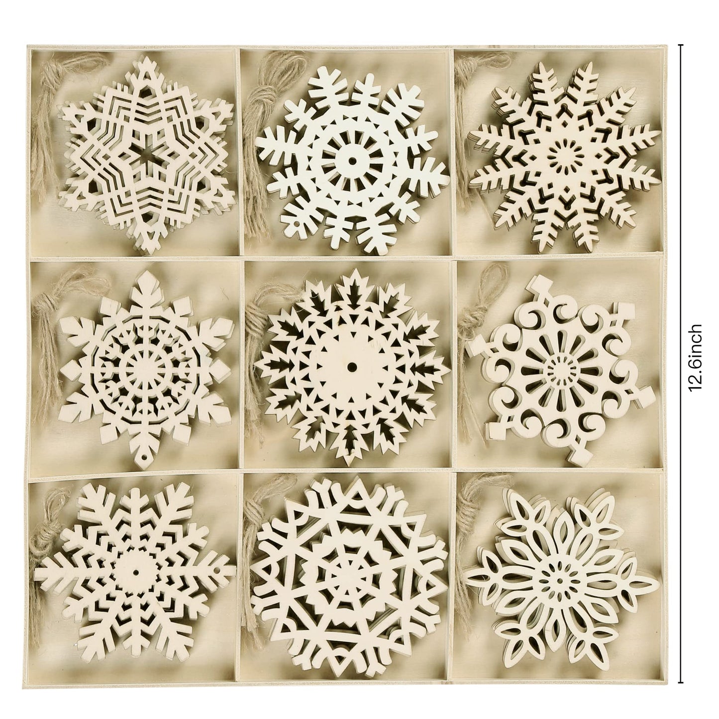 Sggvecsy Unfinished Wooden Snowflakes Ornaments, 36Pcs Christmas Tree Hanging Decoration Wood Cutouts DIY Craft Snowflake Shaped Embellishments Xmas Rustic Crafts with Twine (4 inch)