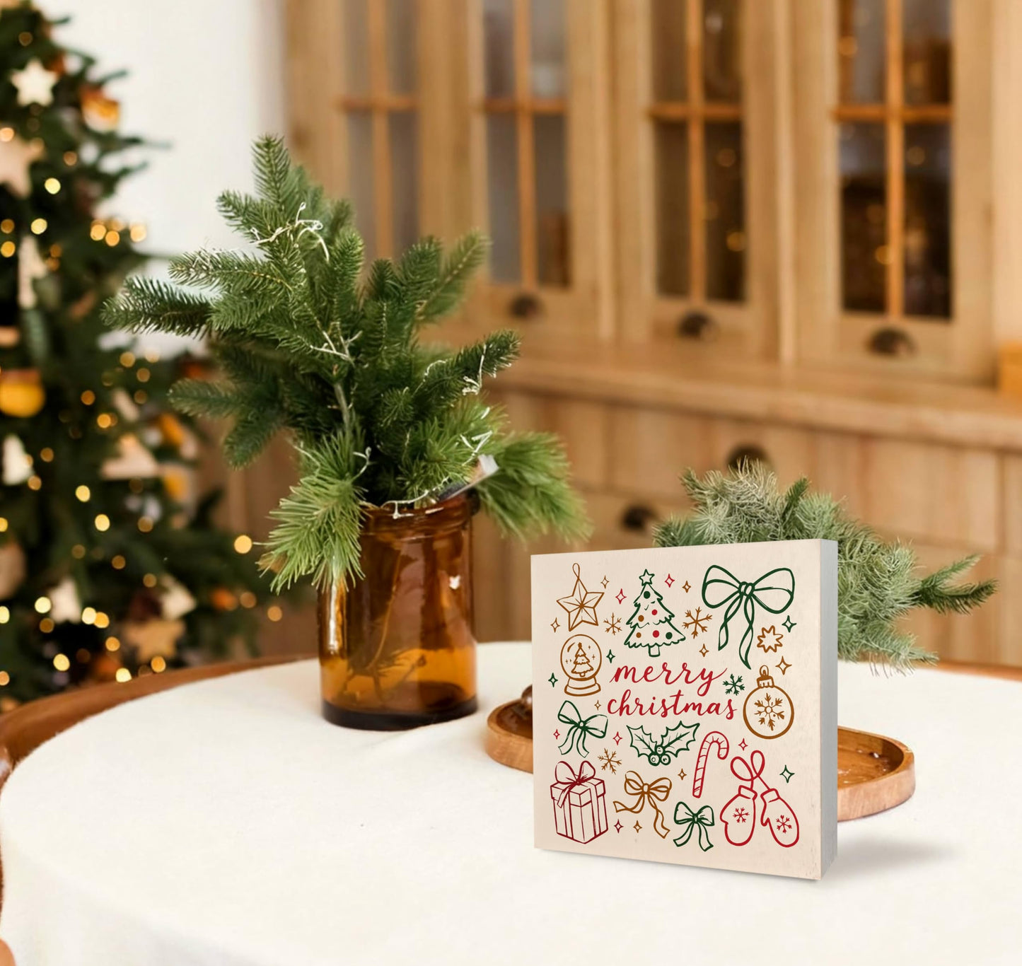 KEUSPI Retro Merry Christmas Wooden Box Sign, Girly Christmas Decor, Boho Xmas Bow Holly Jolly Wood Box Block Sign for Home Office Desk Tabletop Shelf Decoration 5x5 Inch