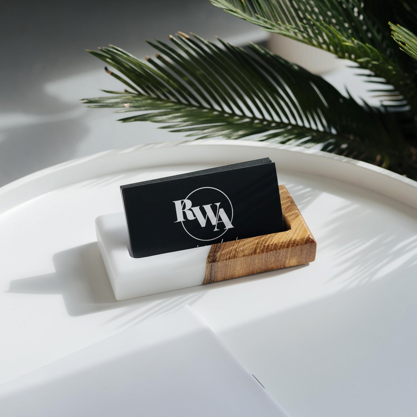 RWA Business Card Holder for Desk – Elegant Office Desk Decor Organizer for Men Women – Slim Square Card Stand Display Index Credit Card Holder – Professional Desktop Accessory, ORIGIN white