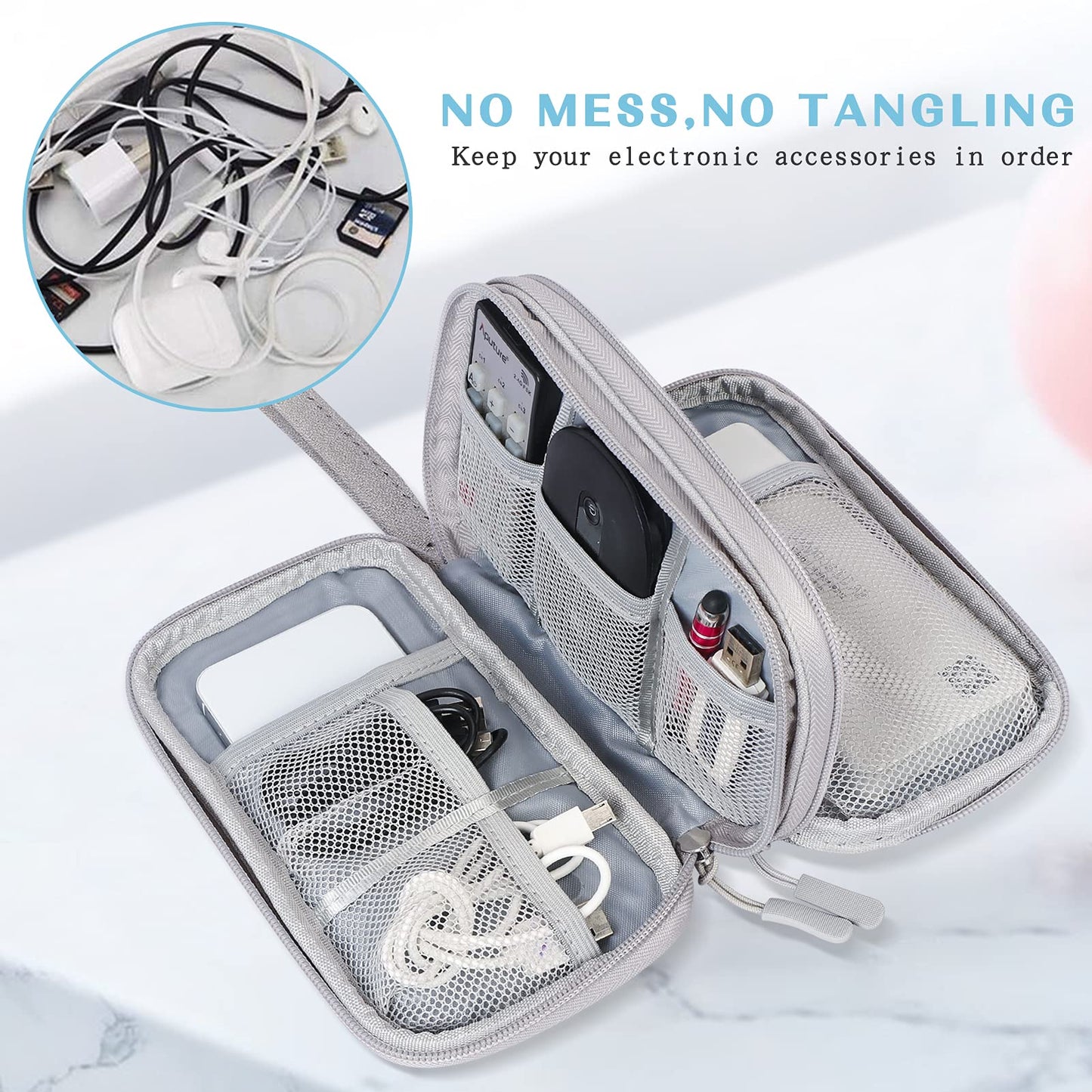 FYY Travel Cable Organiser Bag, Double-Layer Electronics Accessories Organiser Bag, Travel Essentials Universal Carry Travel Bag for Cables, Power Bank, USB Drive, Charger, Hard Disk M-Grey