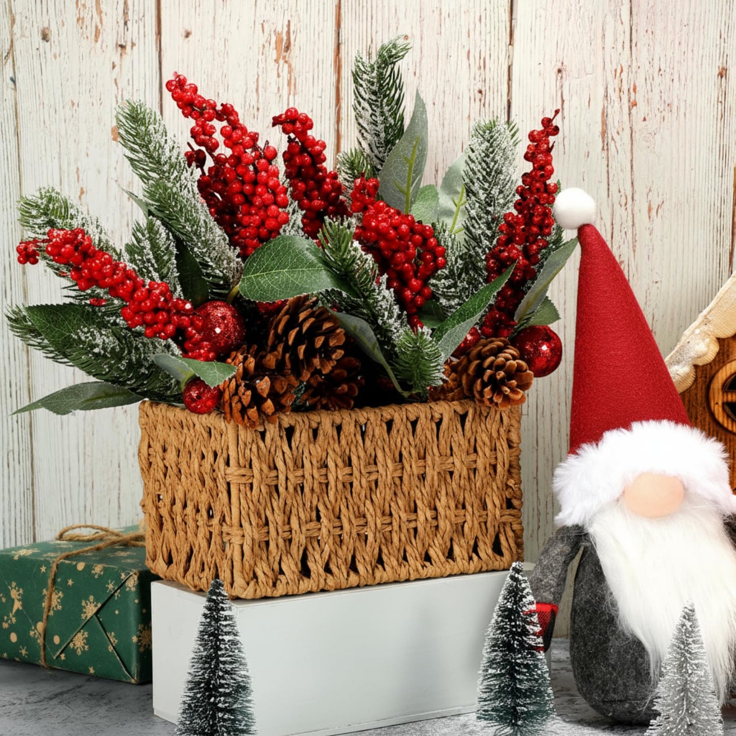 Boao 12 Pieces Glittery Pine Snowy Flower Picks Artificial Holly Red Berry Pine Cone Picks Fake Berries Pine Cones for Christmas Crafts Party Festive Home Decor (Glitter Sequins Style, 11 Inch)