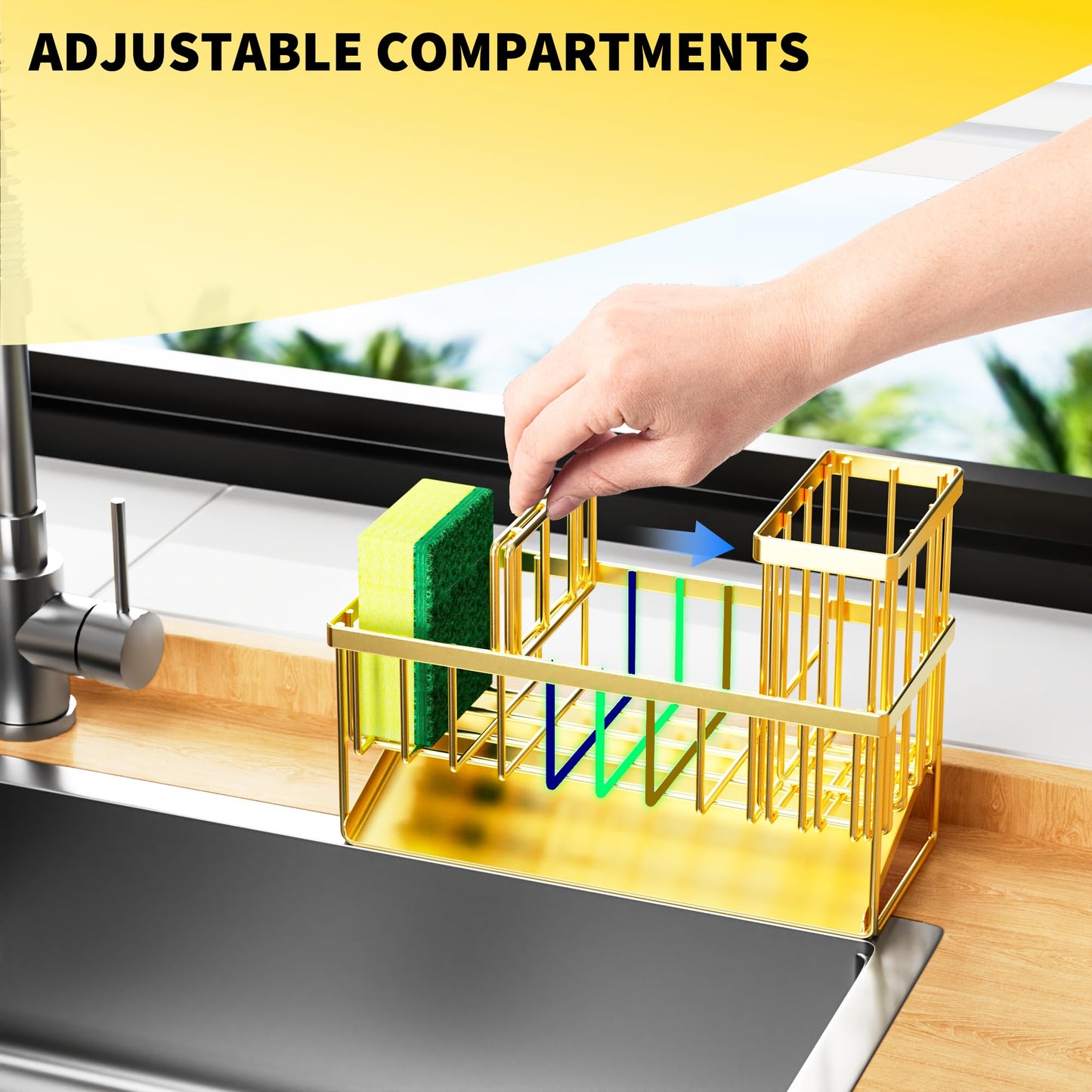 Cisily Kitchen Sink Caddy Organzier with High Brush Holder, Sponge Holder for Sink, 304 Rustproof Stainless, Kitchen Countertop Soap Dispenser Organizer, Kitchen Decor and Accessories