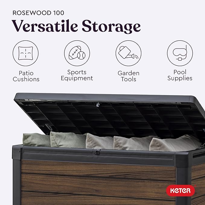 Keter Rosewood 100 Gallon Resin Deck Box Organization and Storage for Patio Furniture Outdoor Cushions, Throw Pillows, Garden Tools and Pool Toys